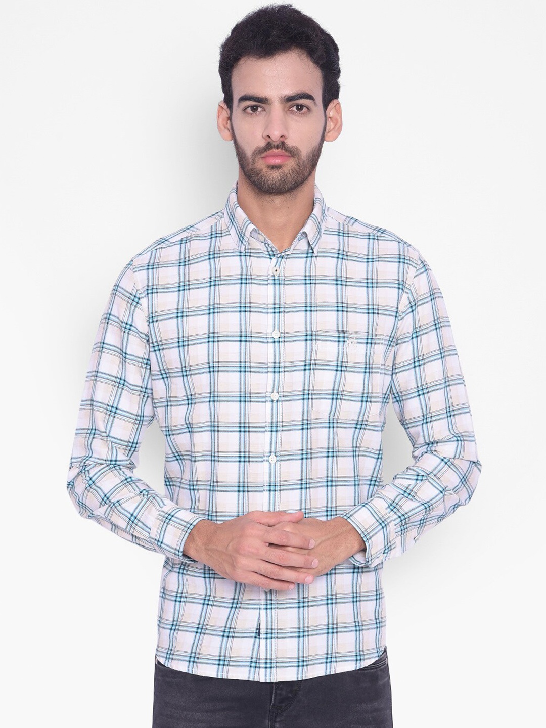

Crimsoune Club Slim Fit Tartan Checked Pure Cotton Casual Shirt, Green