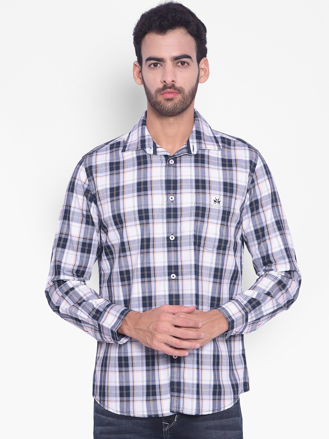 

Crimsoune Club Spread Collar Slim Fit Tartan Checked Cotton Shirt, White