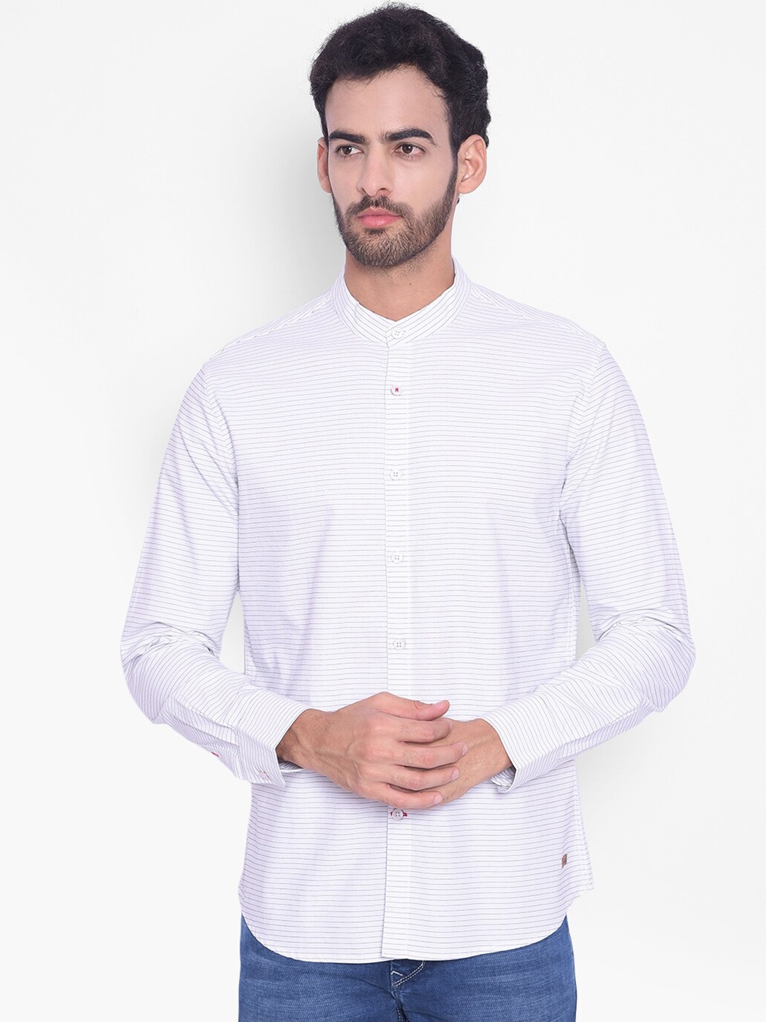 

Crimsoune Club Striped Slim Fit Mandarin Collar Classic Cotton Casual Shirt, White