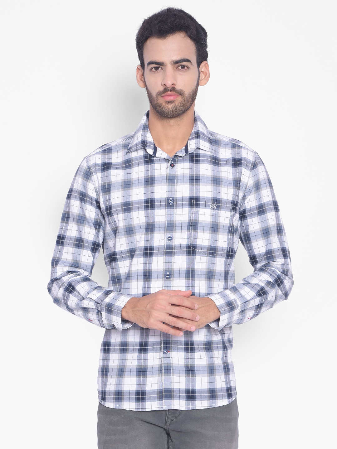 

Crimsoune Club Slim Fit Tartan Checked Pure Cotton Casual Shirt, Grey