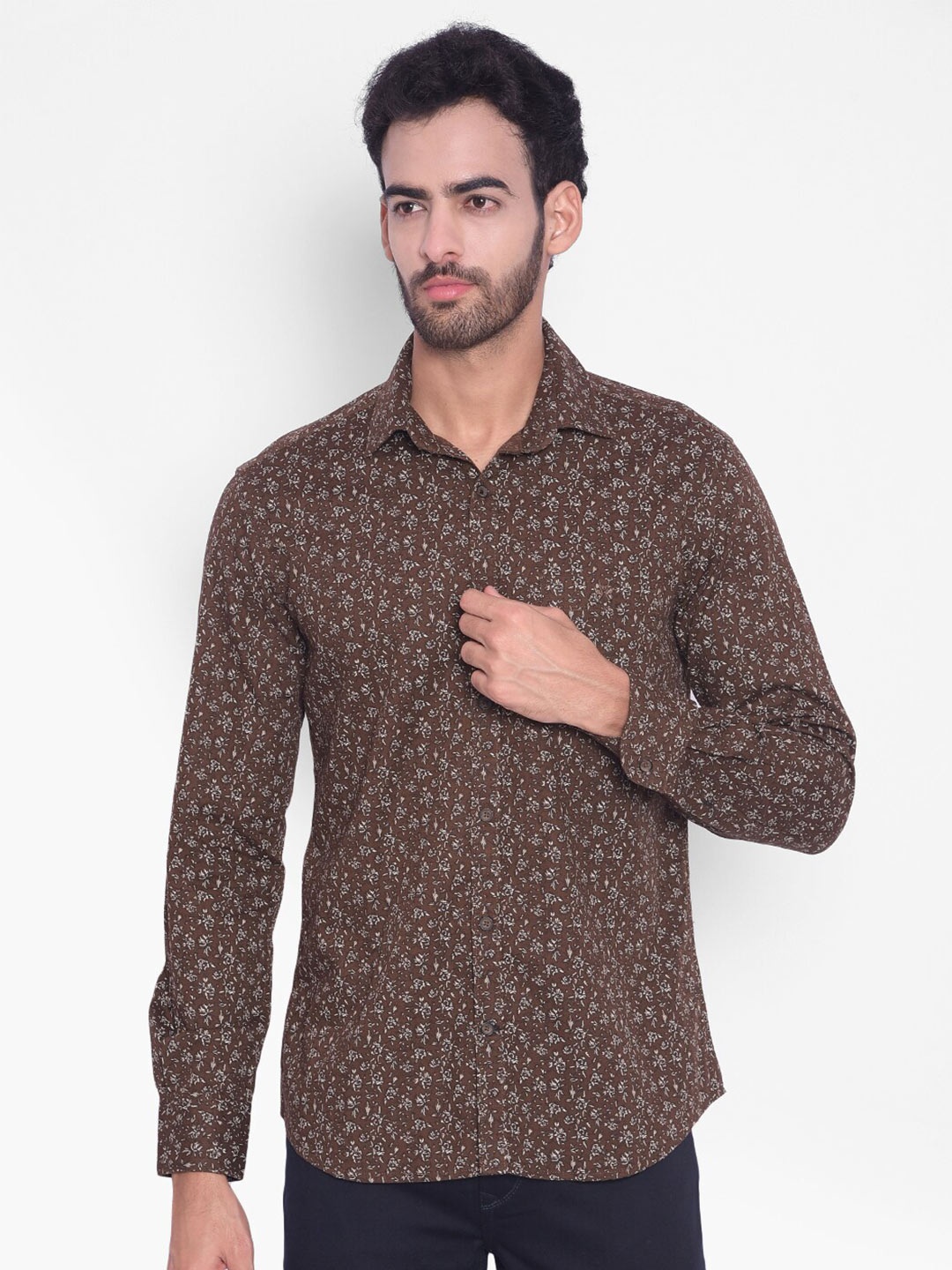 

Crimsoune Club Slim Fit Floral Opaque Printed Pure Cotton Casual Shirt, Brown