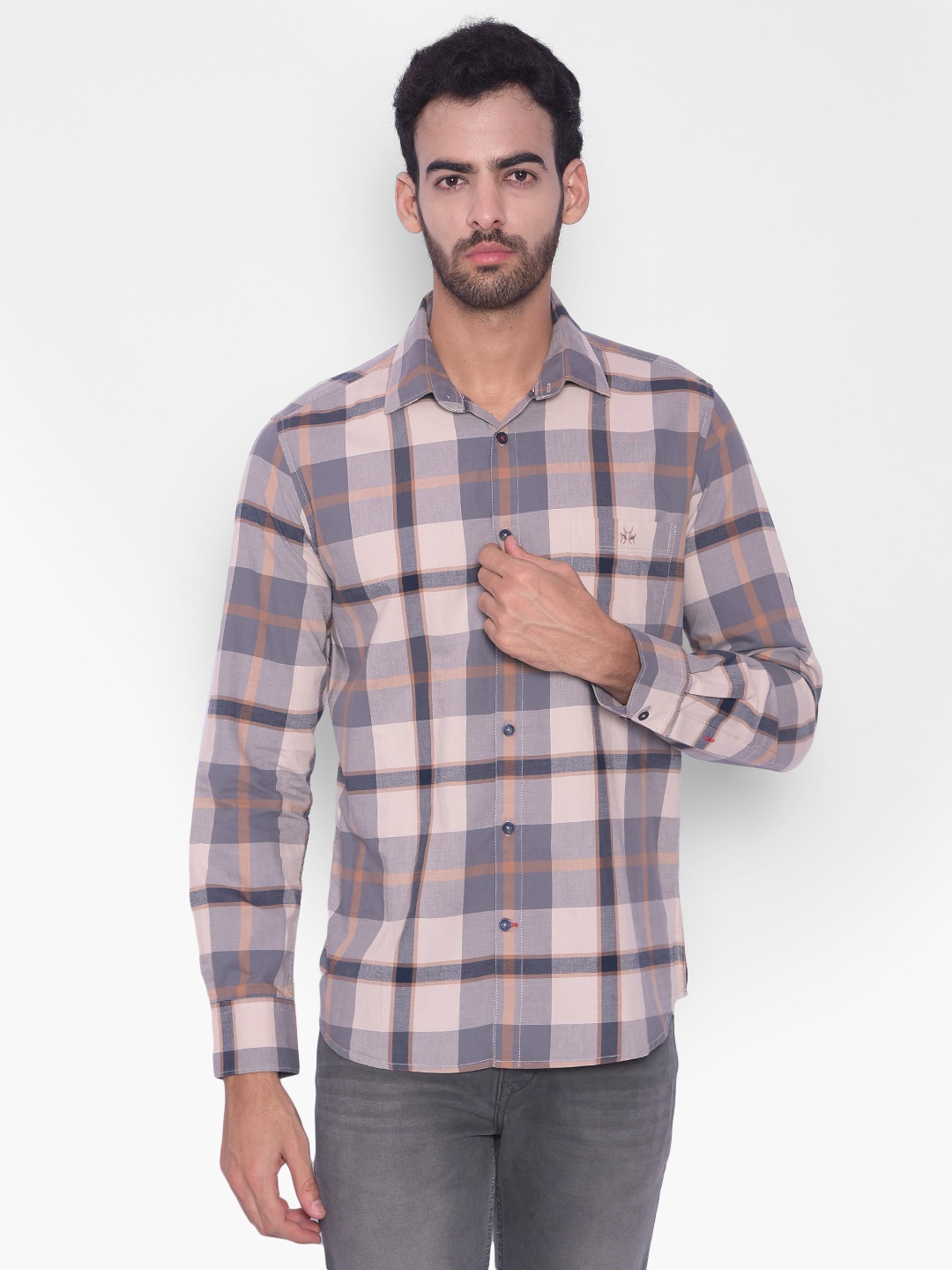 

Crimsoune Club Slim Fit Checked Pure Cotton Casual Shirt, Grey