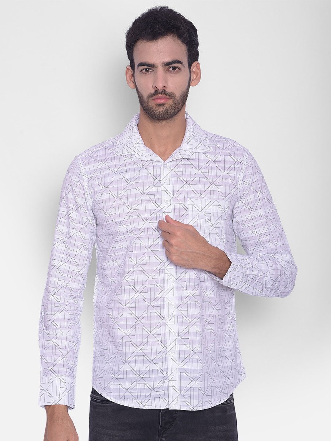 

Crimsoune Club Slim Fit Geometric Printed Pure Cotton Casual Shirt, White