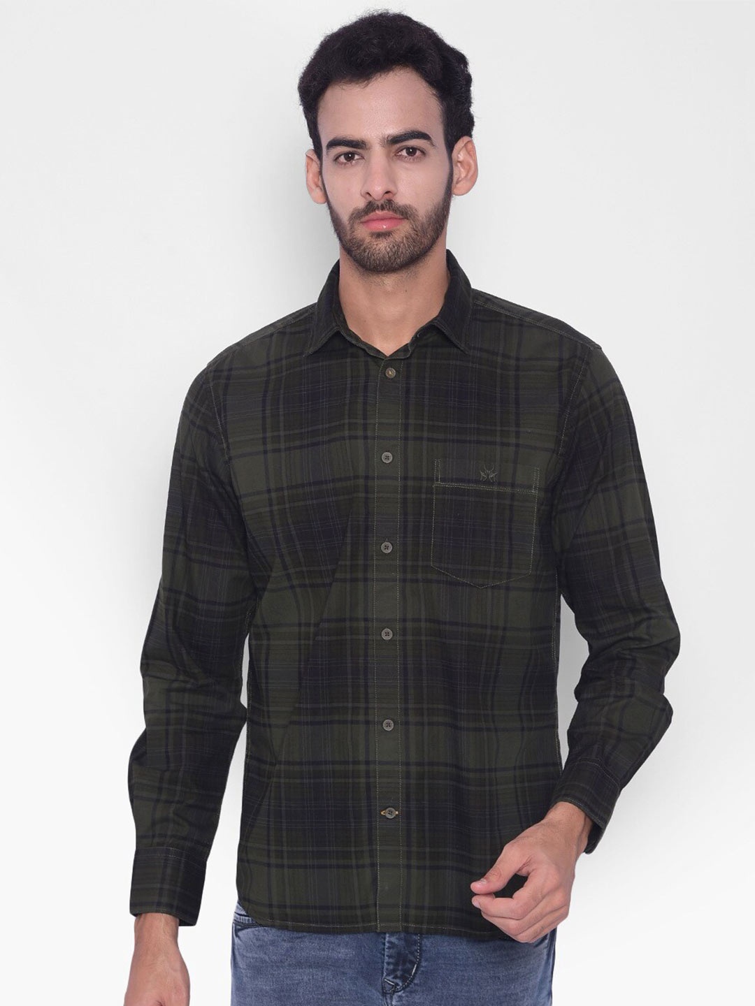 

Crimsoune Club Slim Fit Tartan Checked Pure Cotton Casual Shirt, Olive