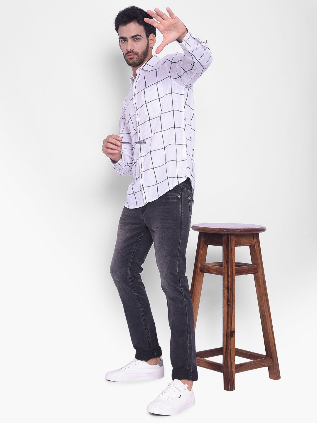 

Crimsoune Club Windowpane Checked Cotton Shirt, White