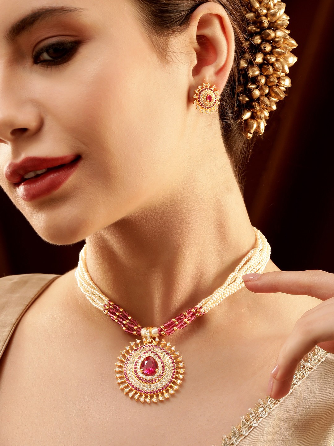

Rubans Gold-Plated American Diamond Stone Studded Jewellery Set