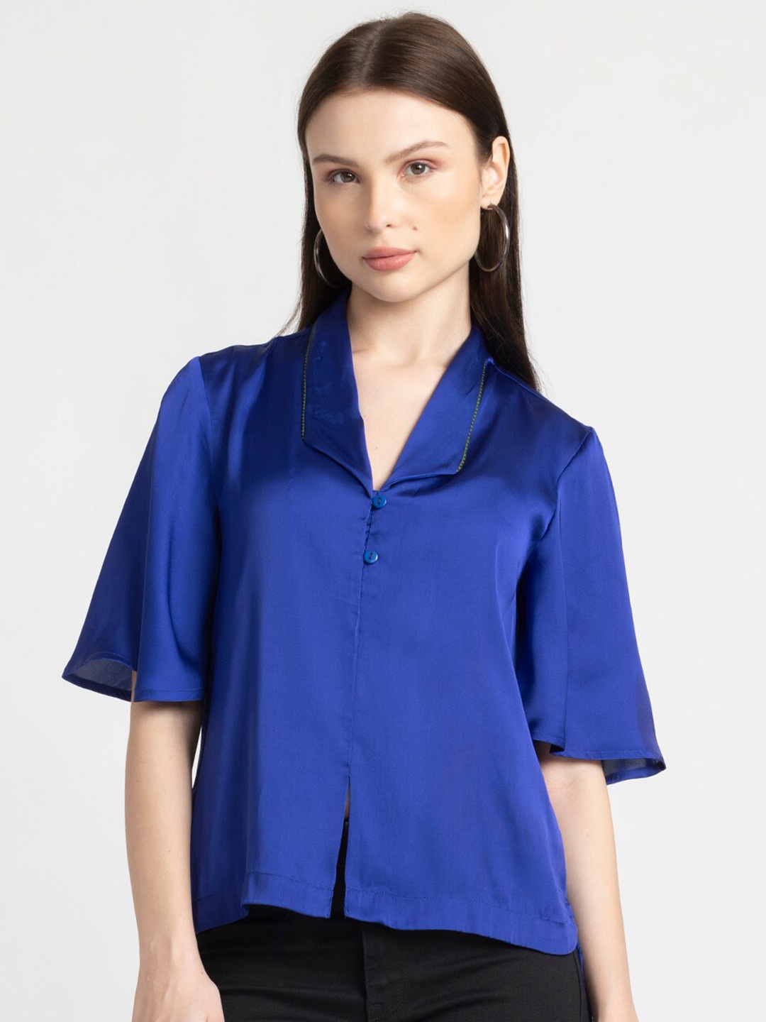 

SHAYE Shirt Collar Flared Sleeves Shirt Style Top, Blue