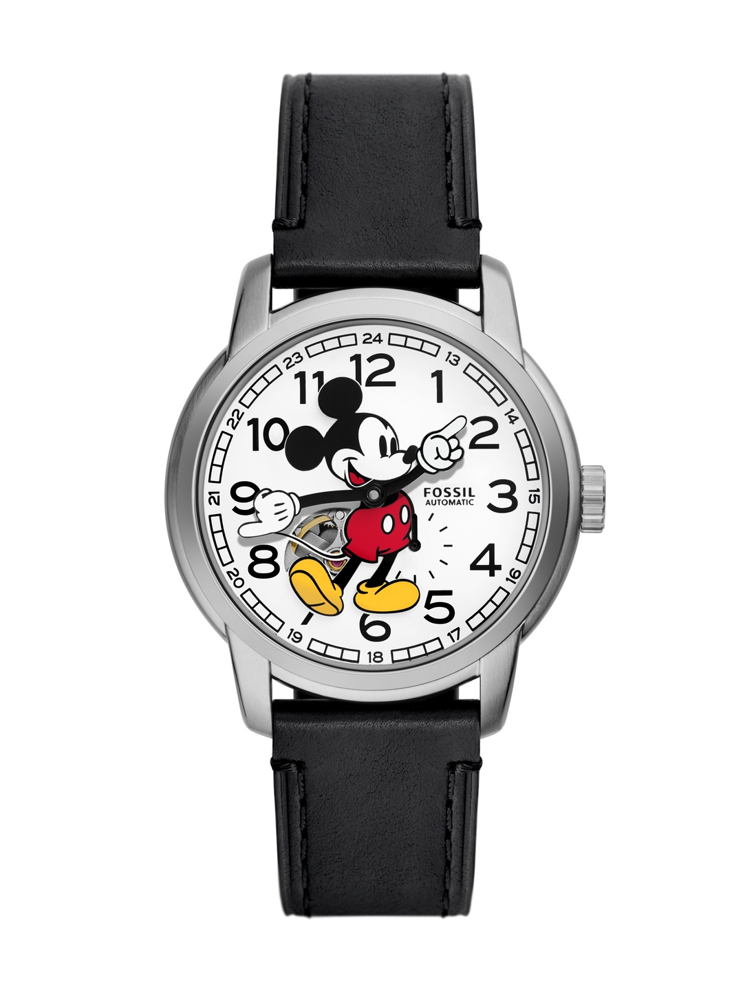 

Fossil Unisex Mickey Mouse Printed Leather Automatic Motion Powered Watch SE1111-Black, White