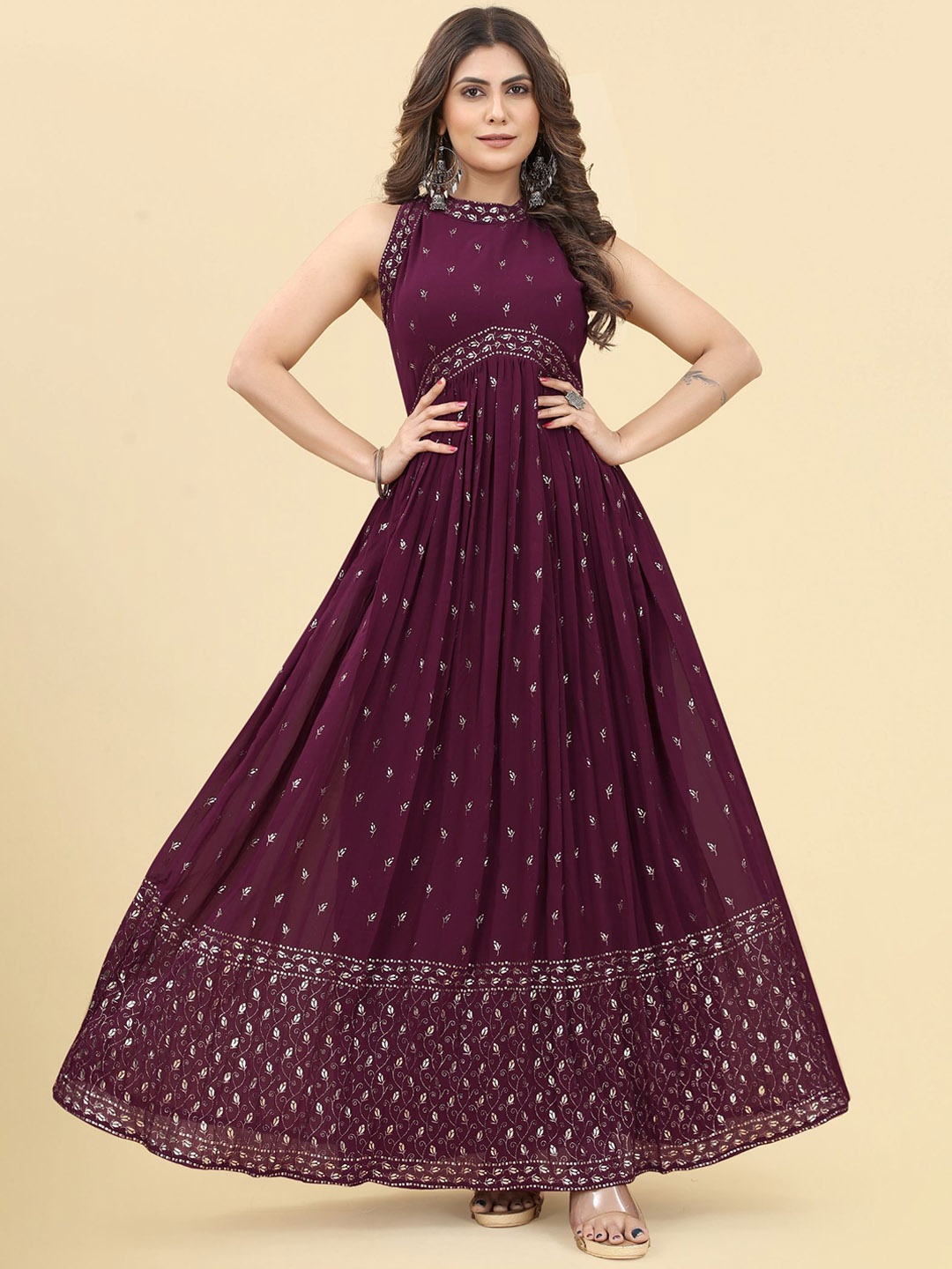 

KALINI Printed Georgette Gown Maxi Ethnic Dress, Burgundy