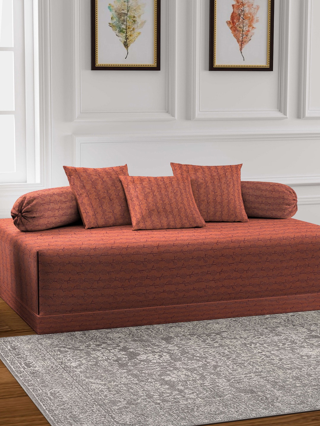 

KLOTTHE Orange 6 Pieces Self Design Pure Cotton Diwan Set