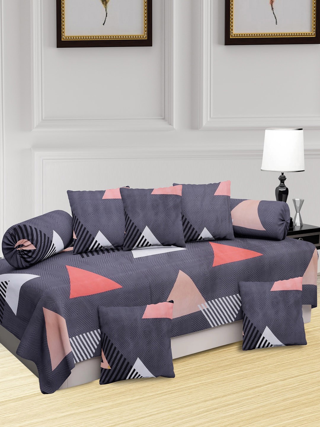 

KLOTTHE Grey & White 8 Pieces Geometric Printed Diwan Set