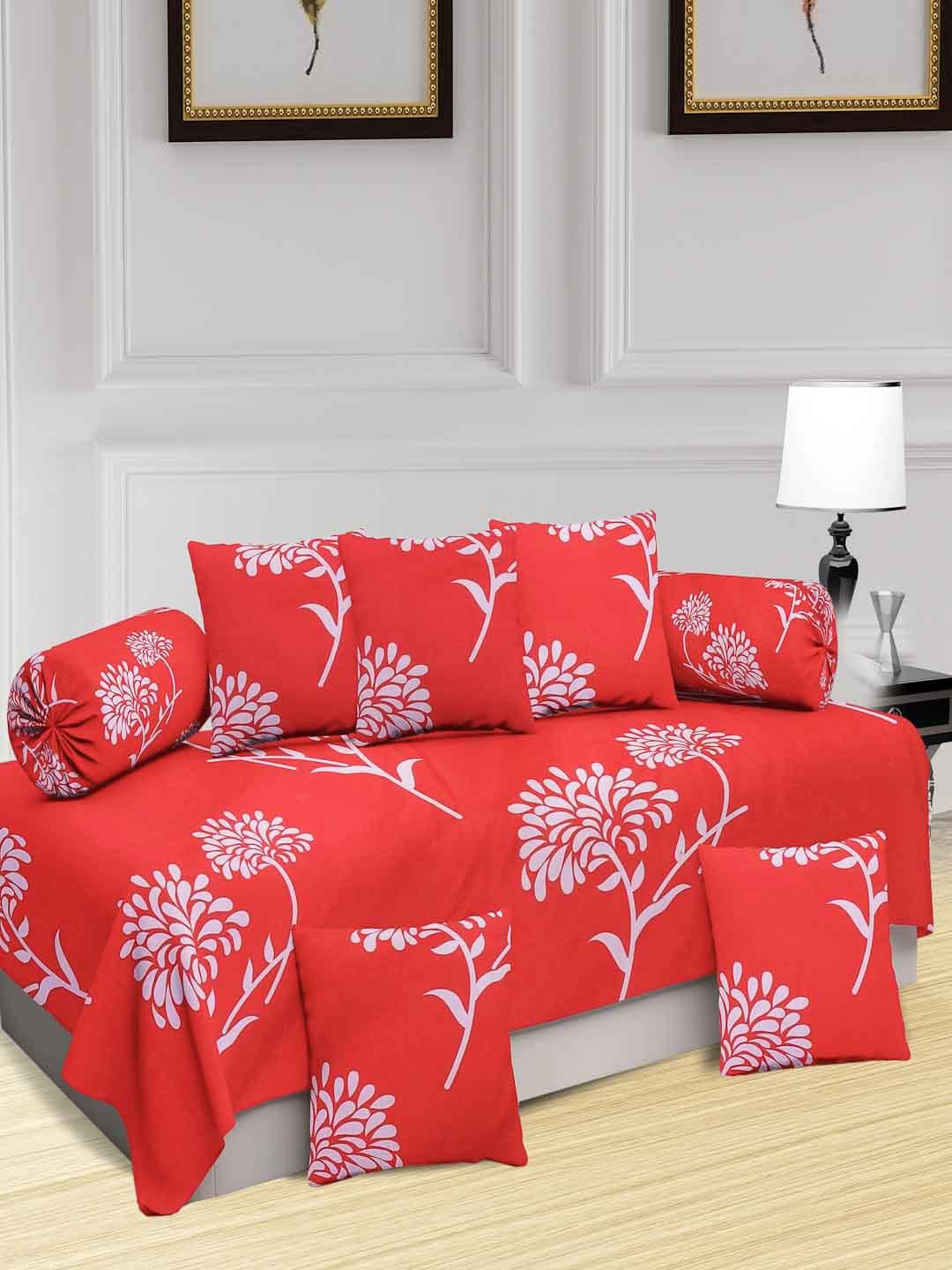 

KLOTTHE Red & White 8 Pieces Printed Diwan Set, Multi