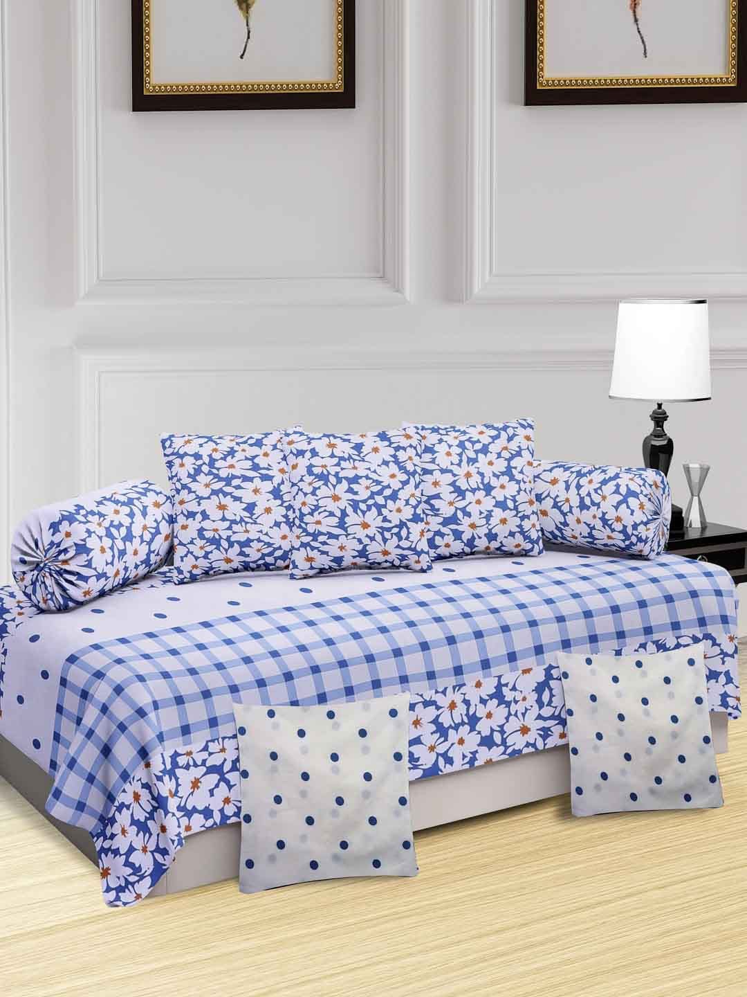

KLOTTHE Blue & White 8 Pieces Printed Diwan Set