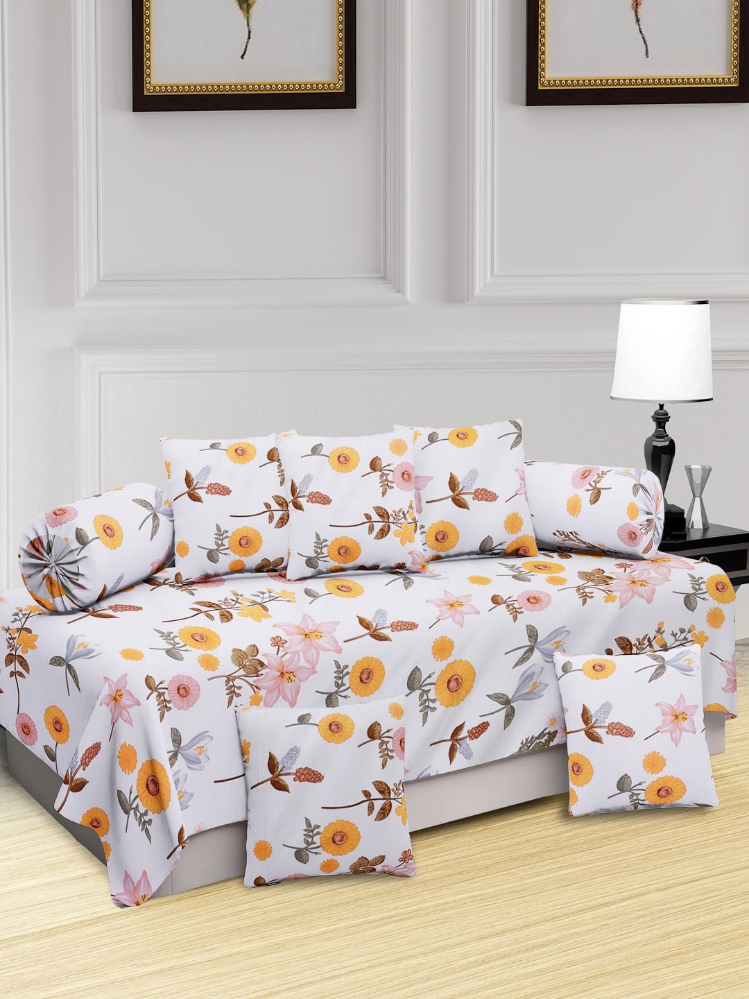 

KLOTTHE White & Yellow 8 Pieces Floral Printed Diwan Set