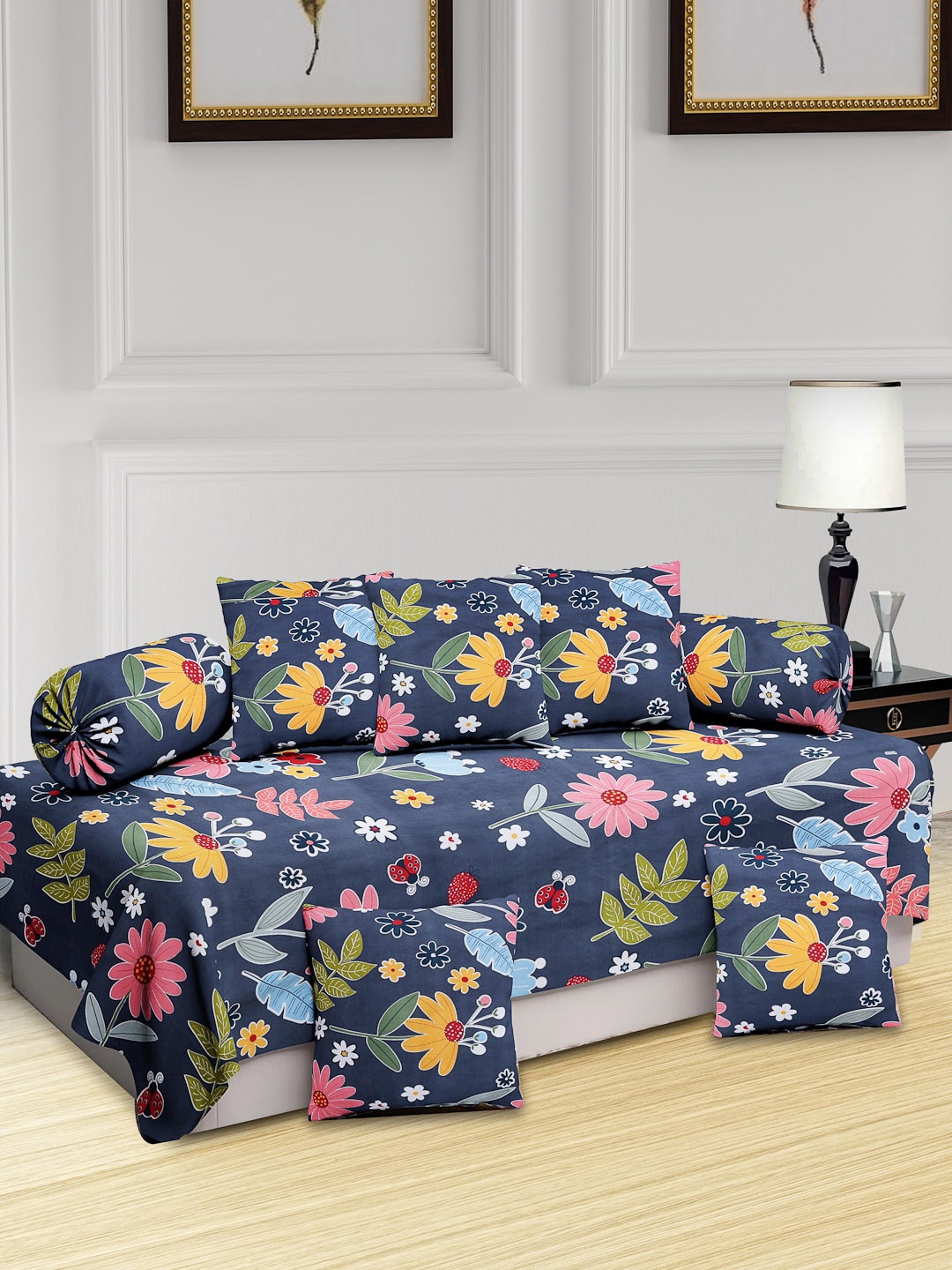 

KLOTTHE Blue & Yellow 8 Pieces Floral Printed Diwan Set