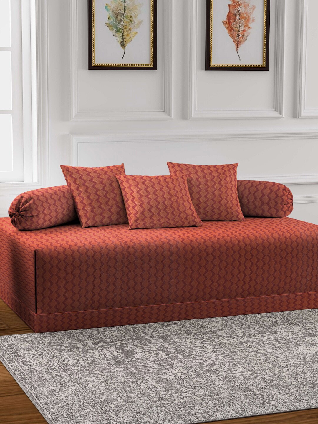 

KLOTTHE Orange 8 Pieces Woven Design Pure Cotton Diwan Set