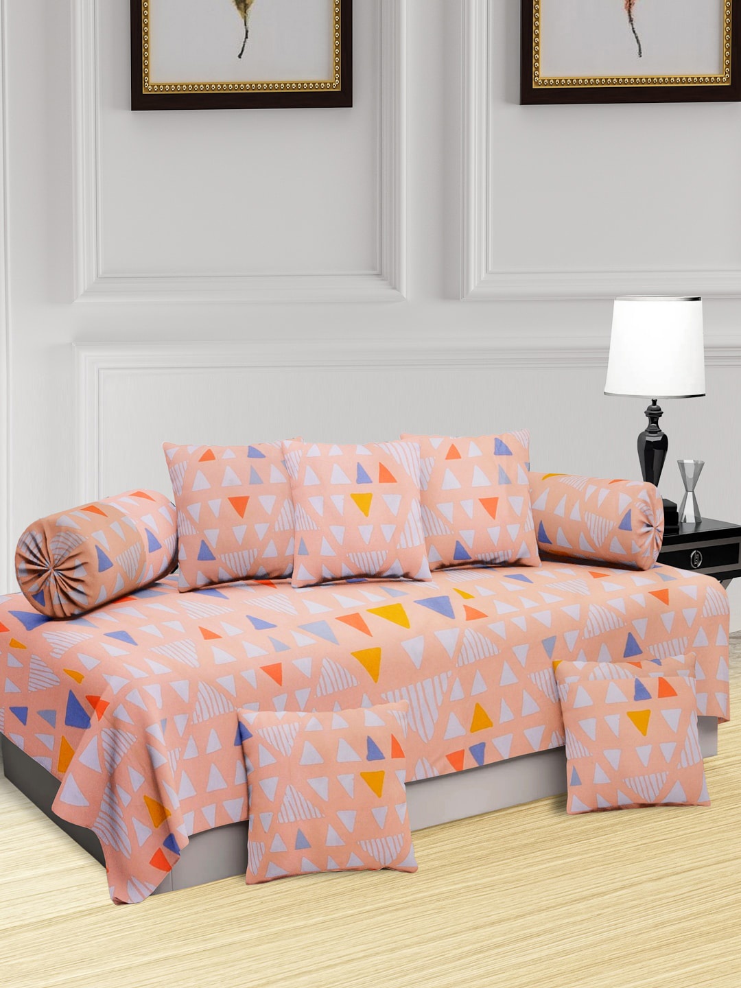 KLOTTHE Peach-Colored 8 Pieces Printed Diwan Set