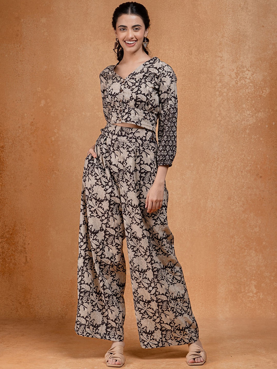 

OKHAI Floral Printed Flared Fit Pure Cotton Palazzos, Black