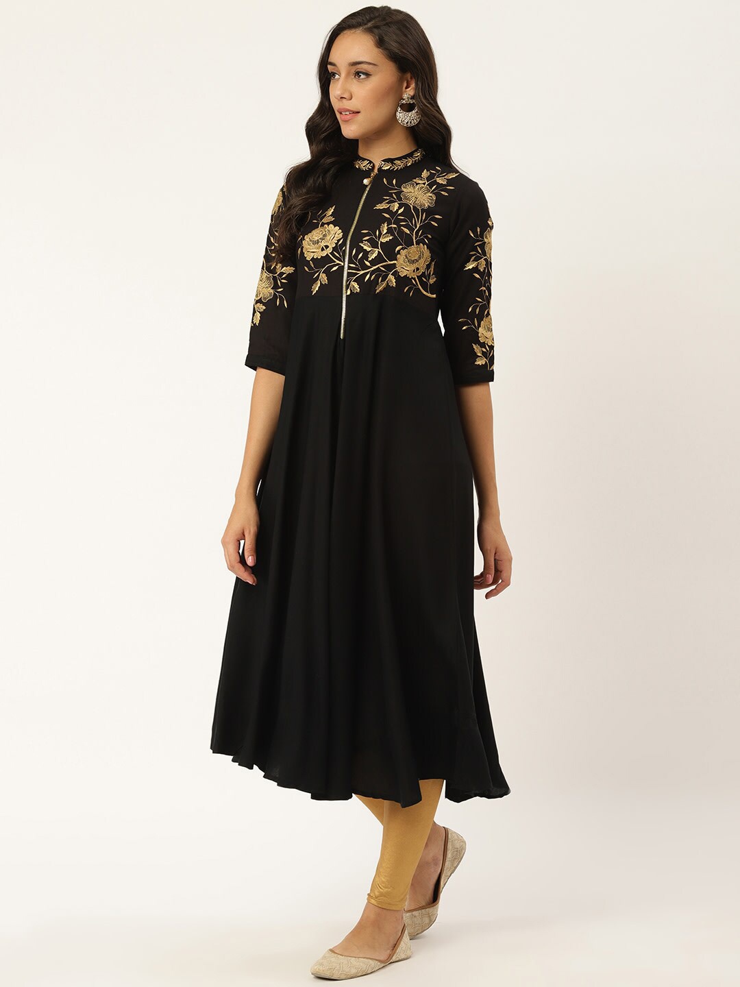 

RANGMAYEE Floral Embroidered Cotton A-Line Kurta, Black
