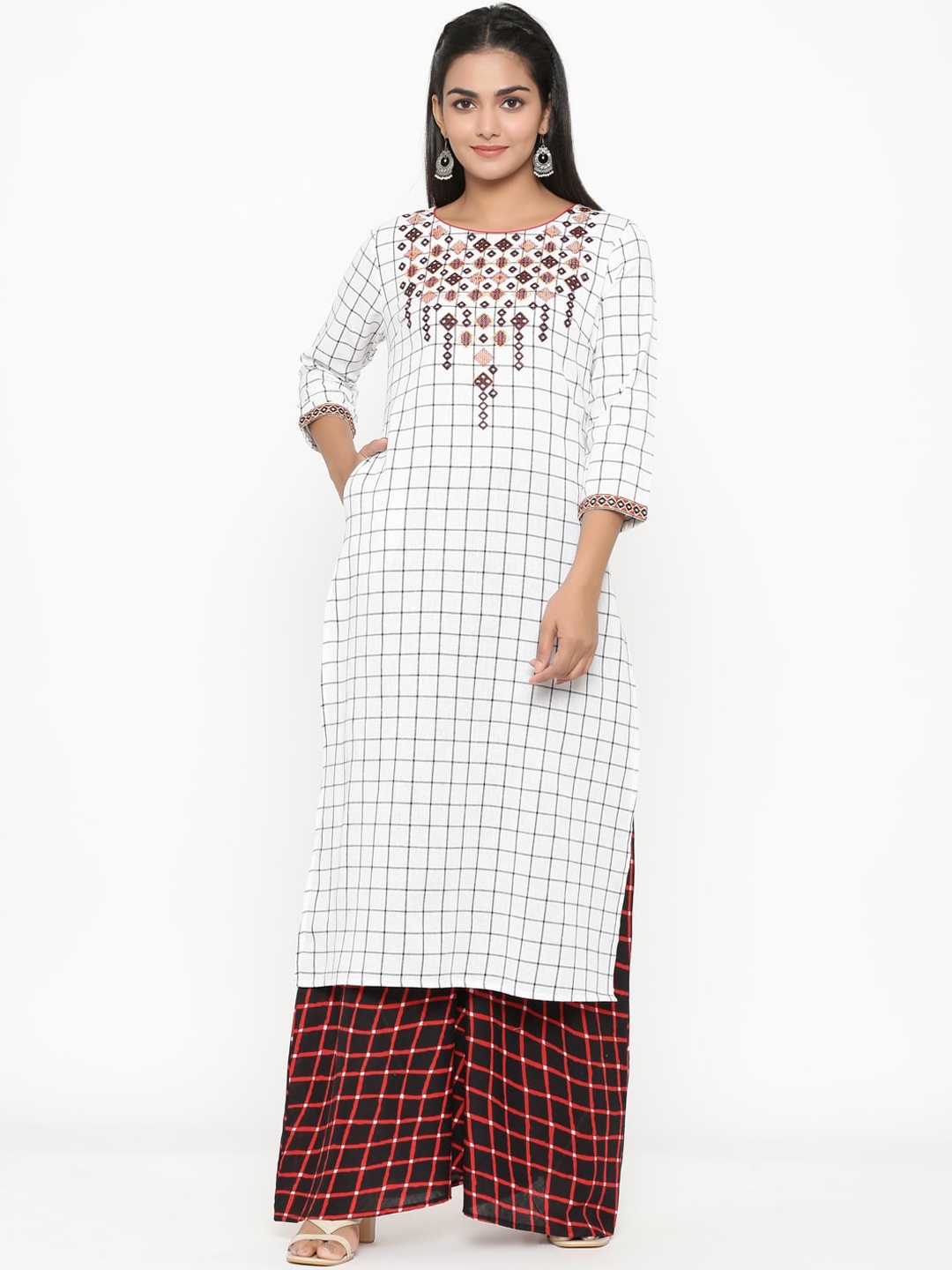 

RANGMAYEE Checked Mirror Work Pure Cotton Straight Kurta with Palazzo, White