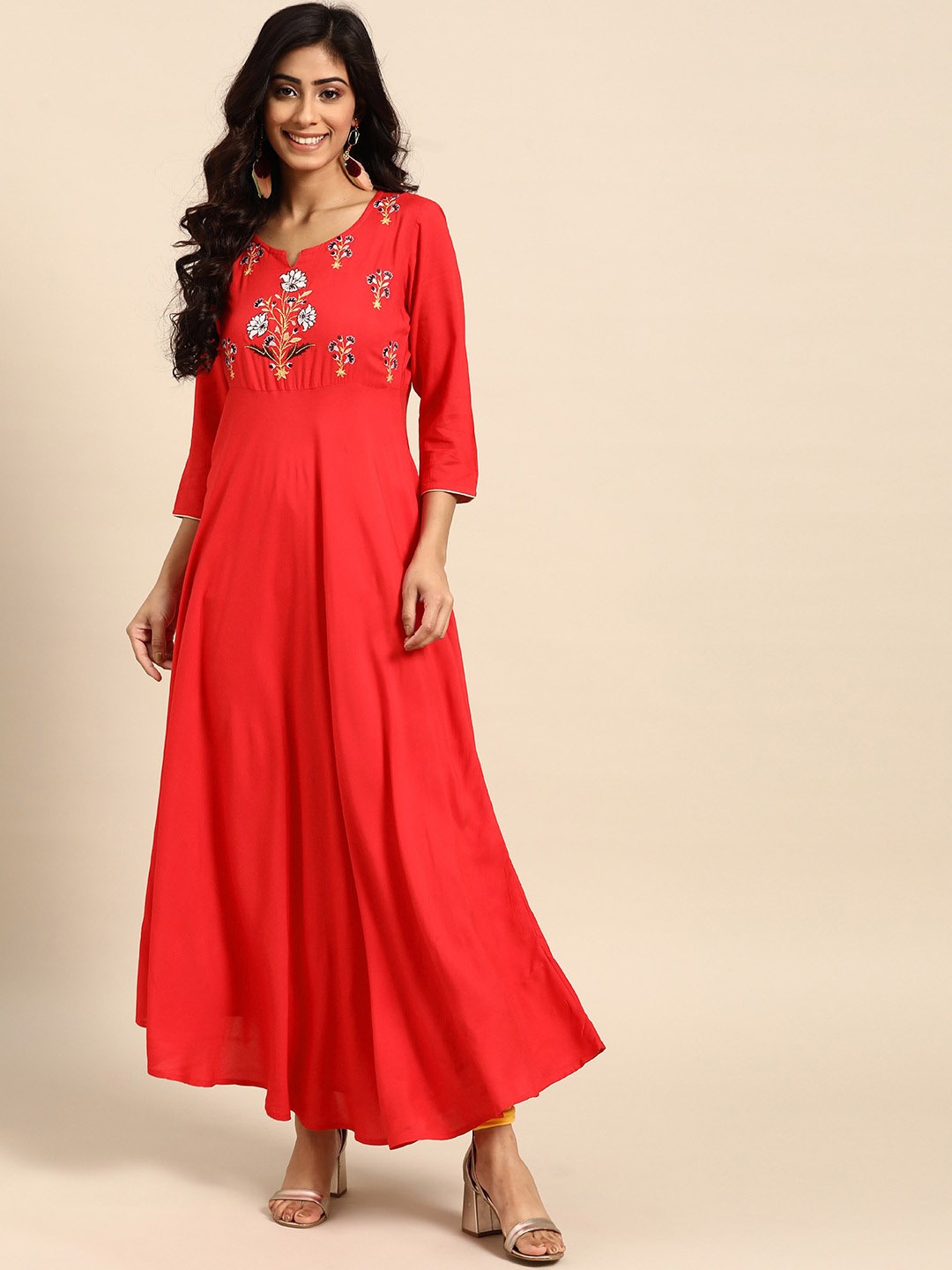 RANGMAYEE Floral Embroidered Cotton Anarkali Kurta, Red