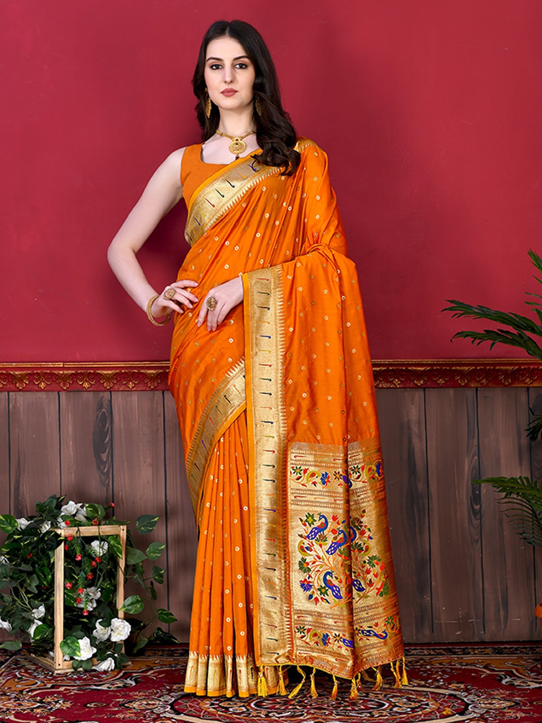 

YAVIRA SILK Floral Woven Design Zari Pure Silk Paithani Saree, Mustard