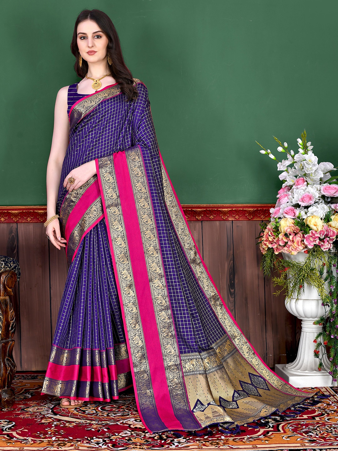 

YAVIRA SILK Checked Zari Mysore Silk Saree, Blue
