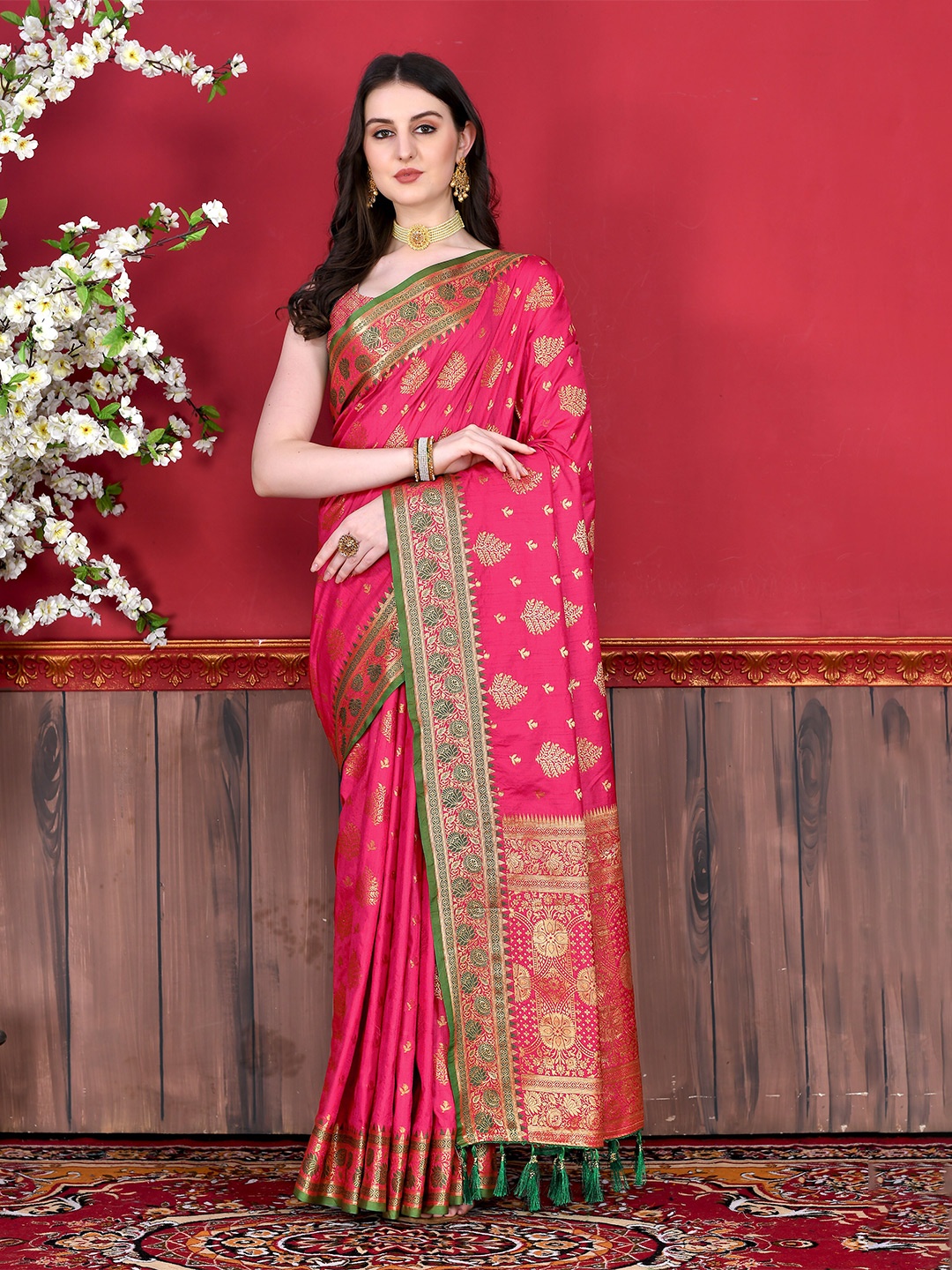 

YAVIRA SILK Ethnic Motif Woven Design Zari Bhagalpuri Saree, Pink
