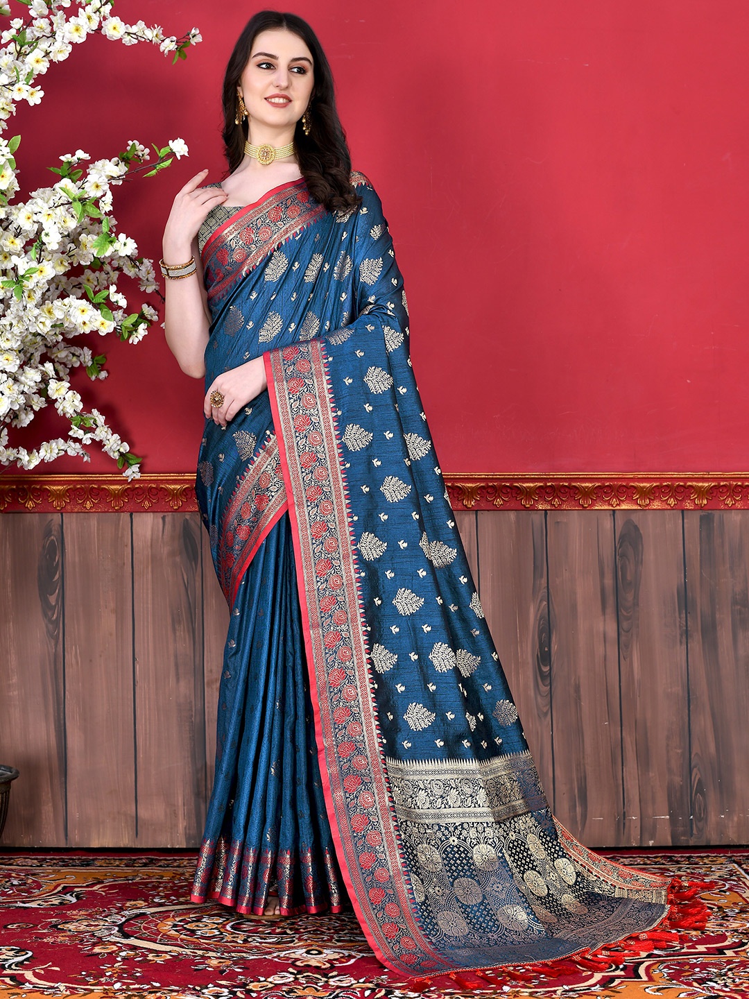 

YAVIRA SILK Floral Woven Design Zari Bhagalpuri Saree, Blue