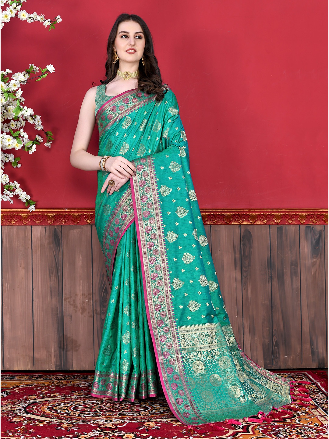

YAVIRA SILK Ethnic Motif Woven Design Zari Bhagalpuri Saree, Turquoise blue