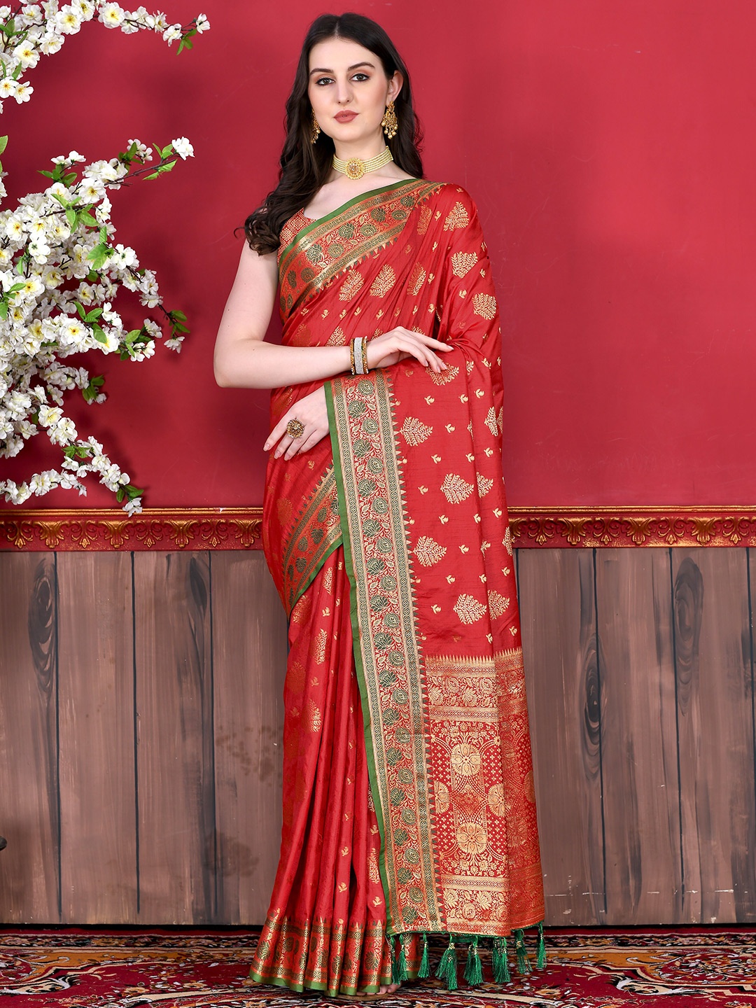 

YAVIRA SILK Ethnic Motif Woven Design Zari Bhagalpuri Saree, Red