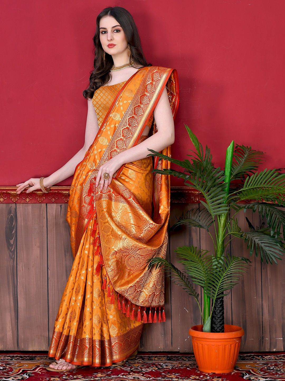 

YAVIRA SILK Floral Woven Design Zari Bhagalpuri Saree, Mustard