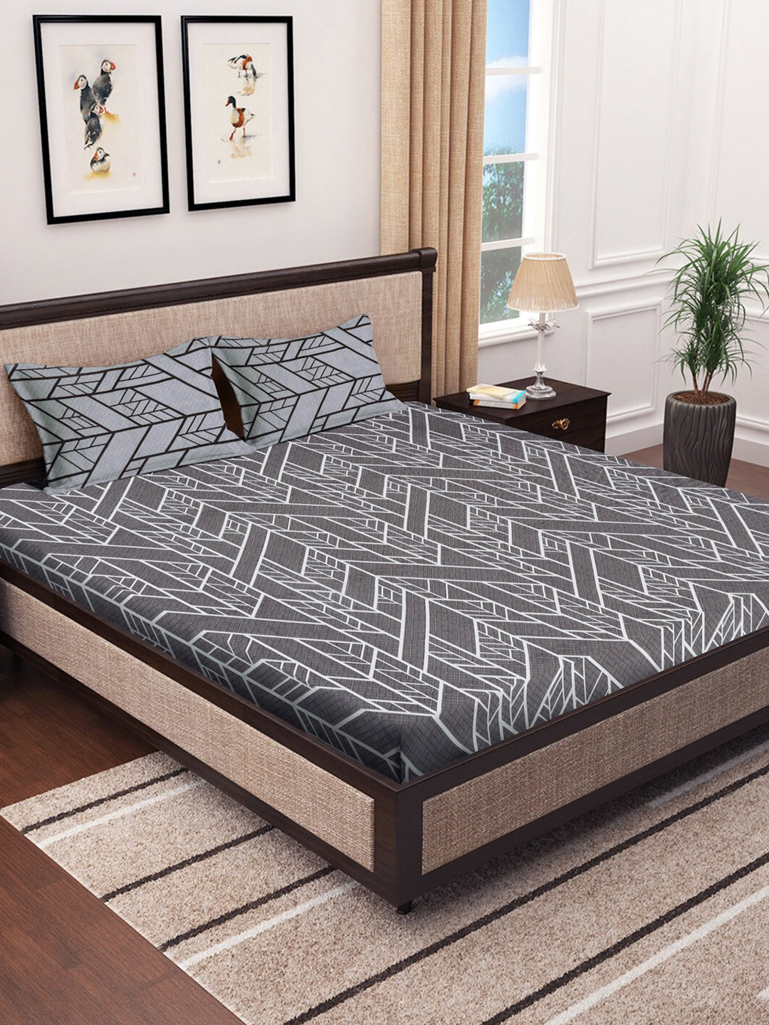 

KLOTTHE Grey & White Printed 300 TC Fitted Super king Double Bedsheet with 2 Pillow Covers