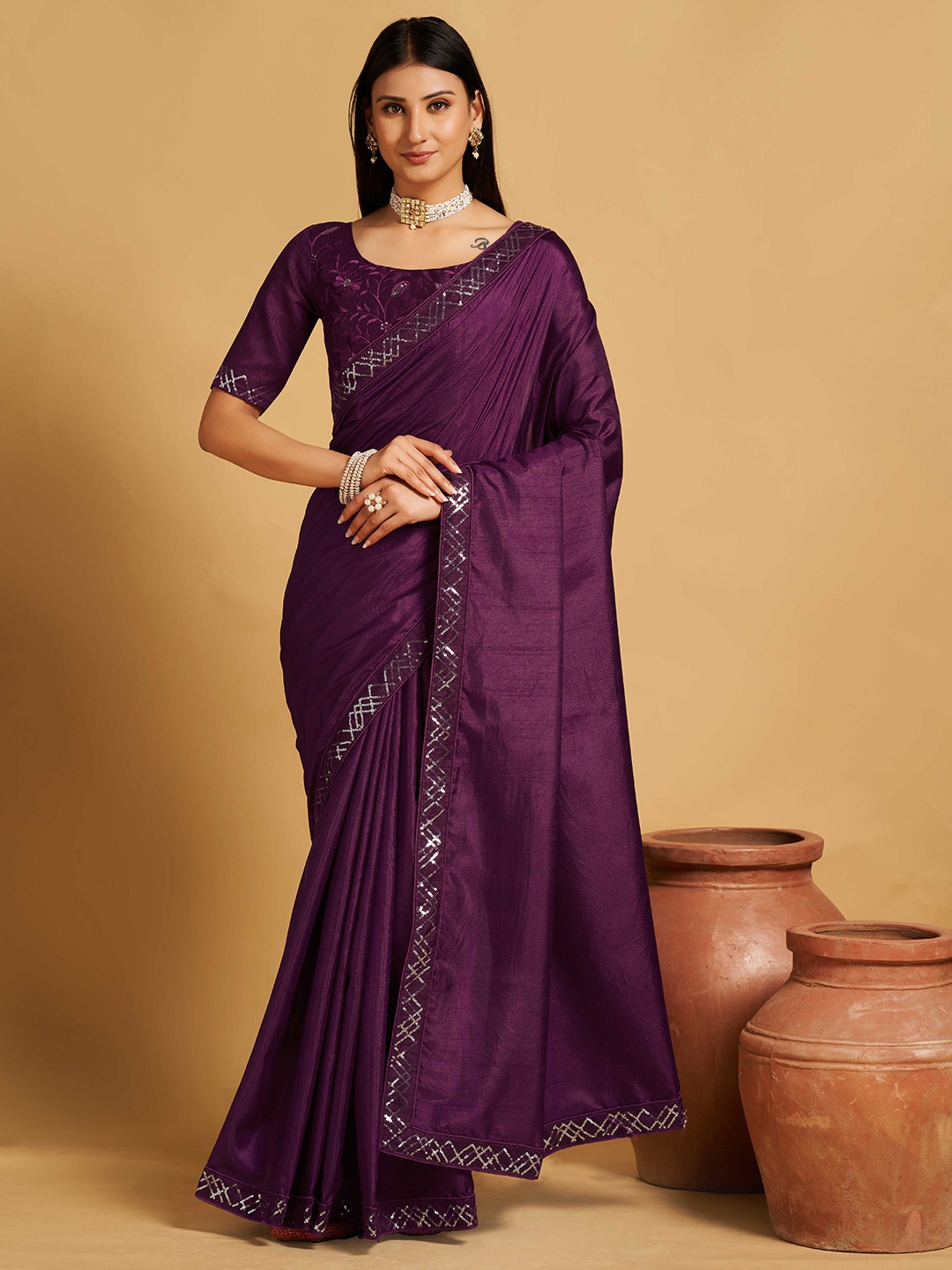 

choiceit Sequinned Silk Cotton Mysore Silk Saree, Purple