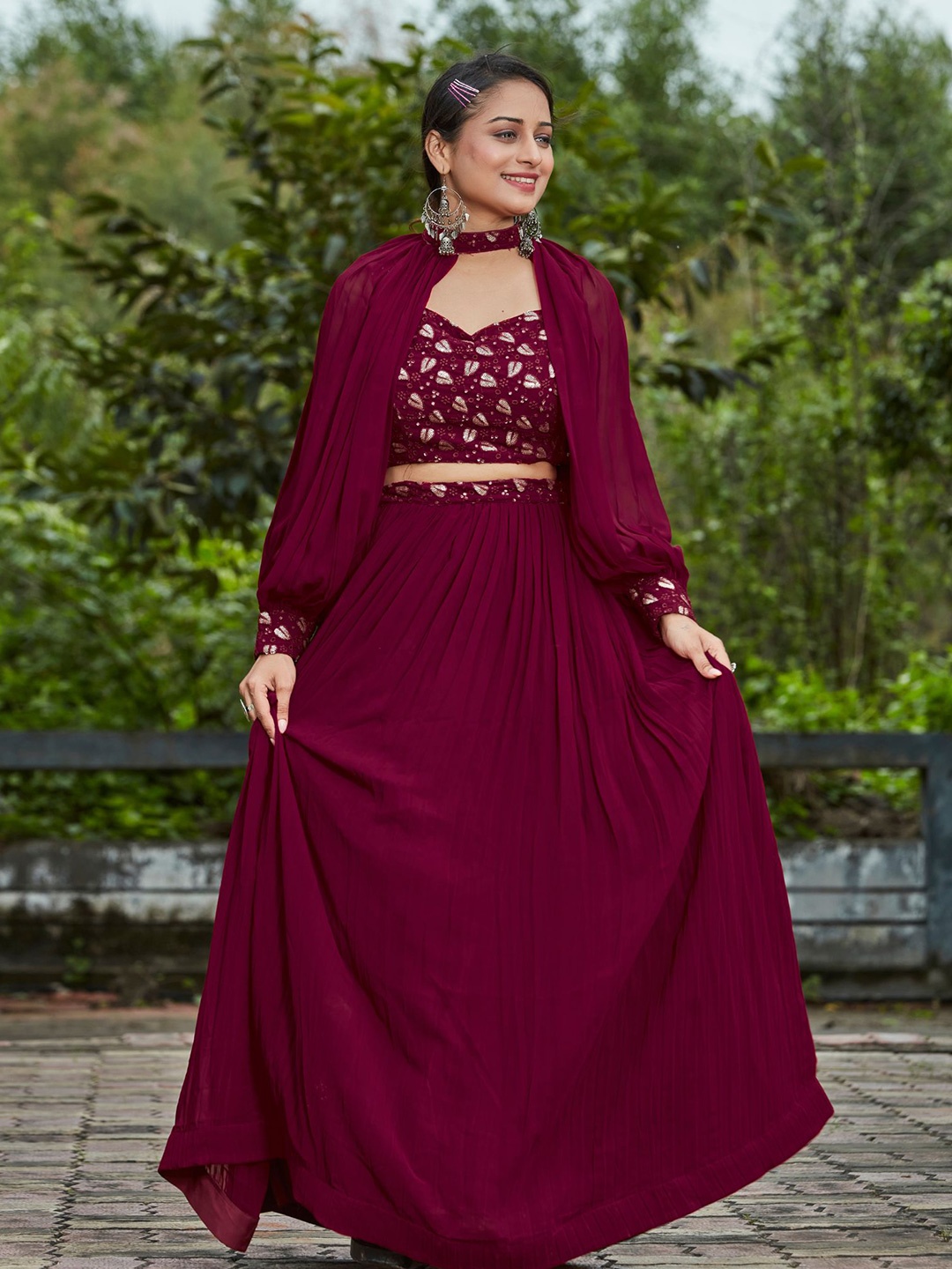 

KALINI Embroidered Sequinned Ready to Wear Lehenga & Blouse, Burgundy