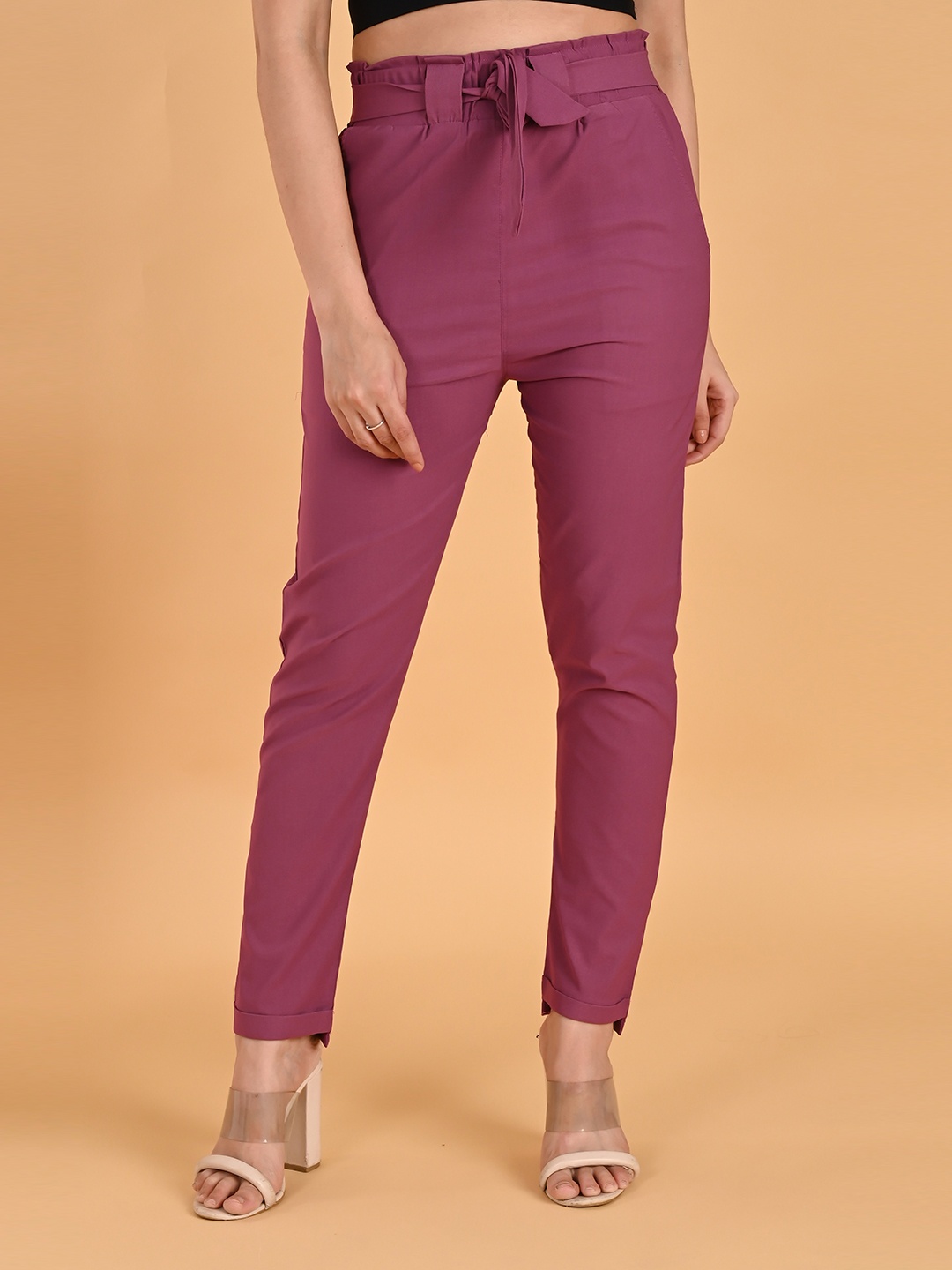 

FUBAR Women Relaxed Slim Fit Mid-Rise Easy Wash Cigarette Trousers, Purple
