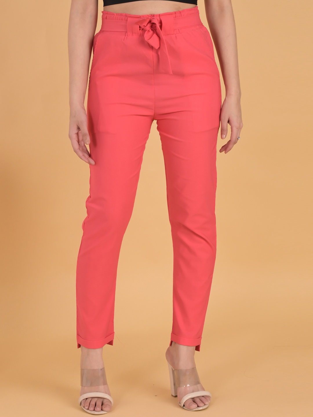 

FUBAR Women Mid Rise Relaxed Slim Fit Easy Wash Cigarette Trousers, Pink