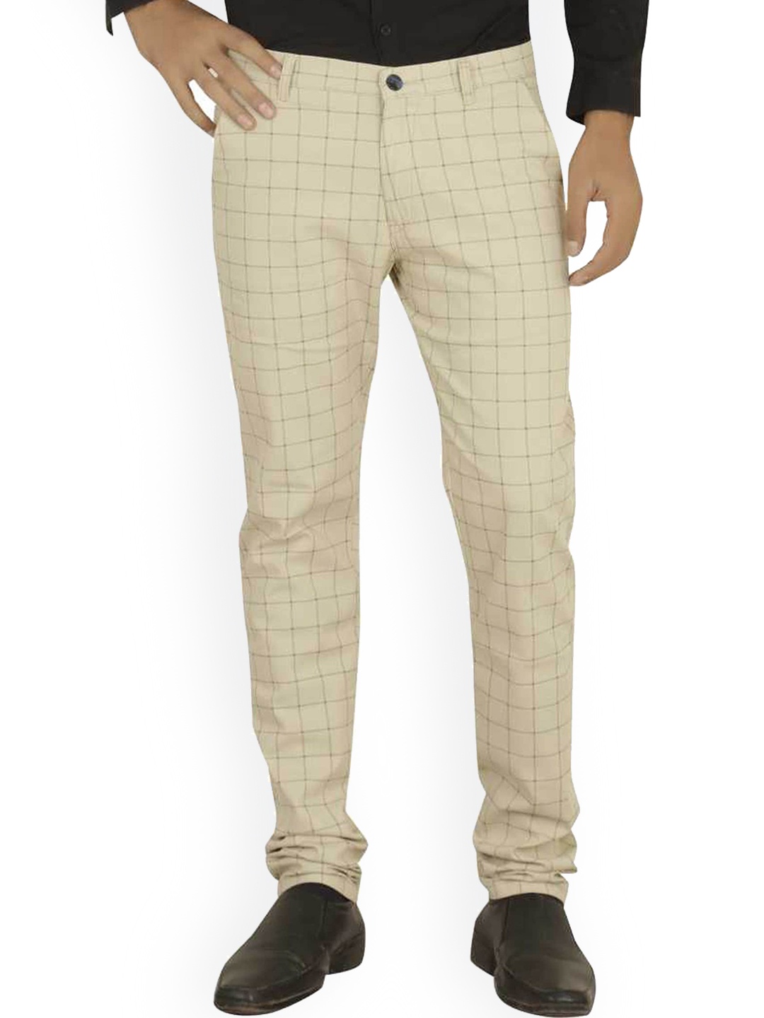 

FUBAR Men Relaxed Slim Fit Mid-Rise Checked Easy Wash Regular Trouser, Cream