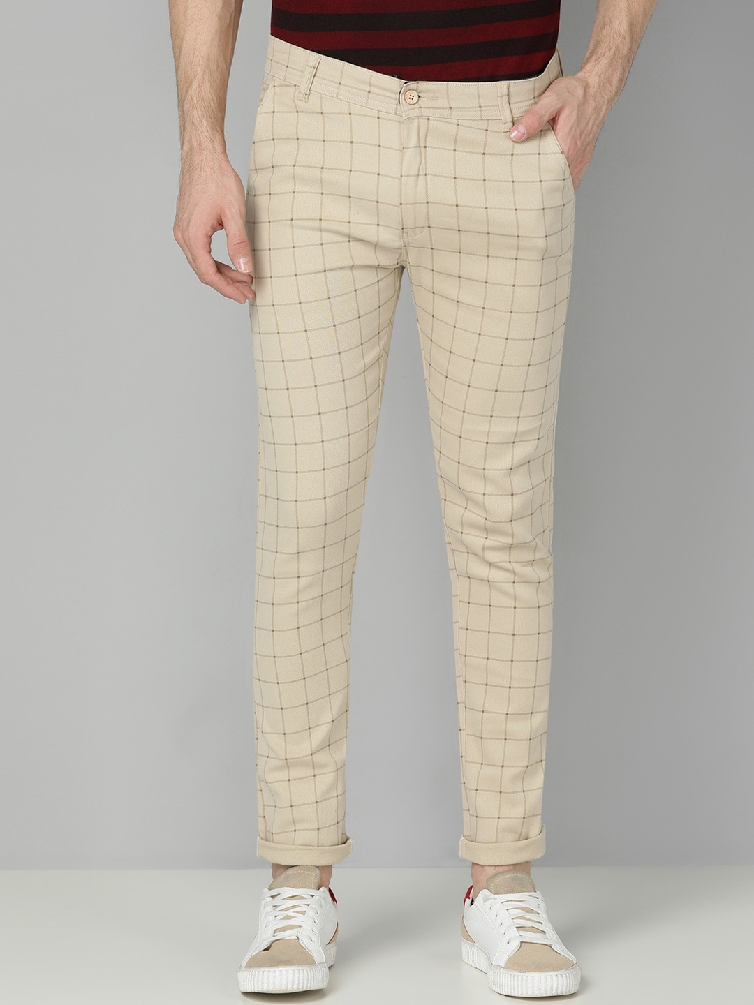 

FUBAR Men Checked Relaxed Fit Slim Fit Trousers, Cream