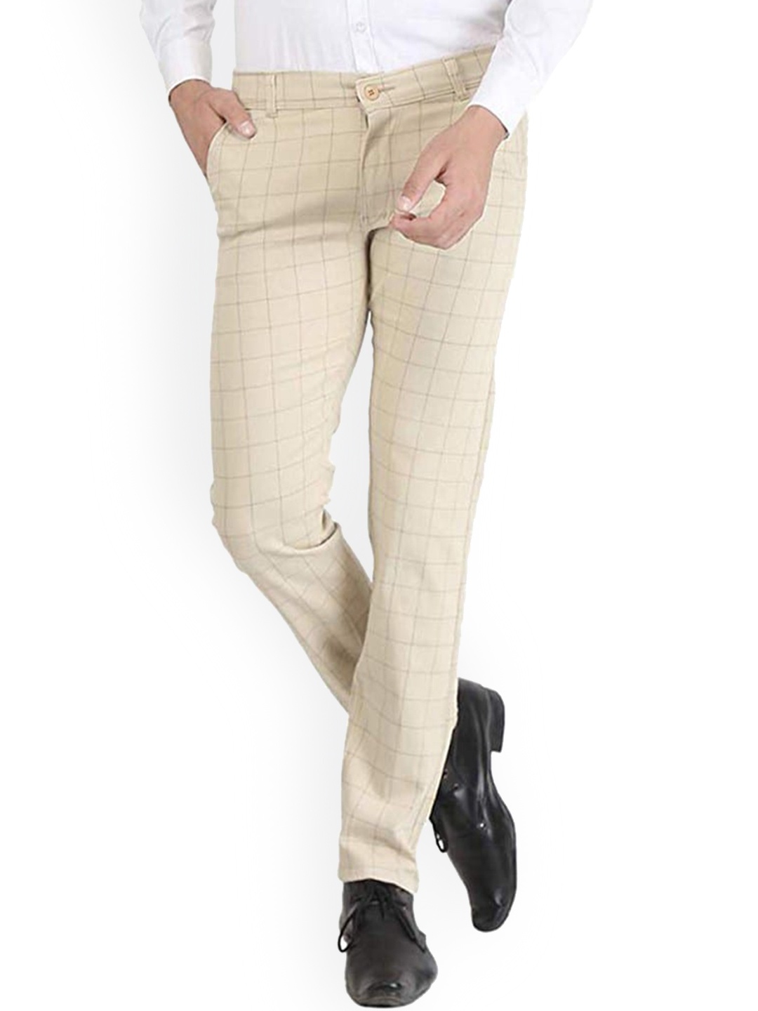 

FUBAR Men Checked Relaxed Slim Fit Easy Wash Formal Trousers, Cream