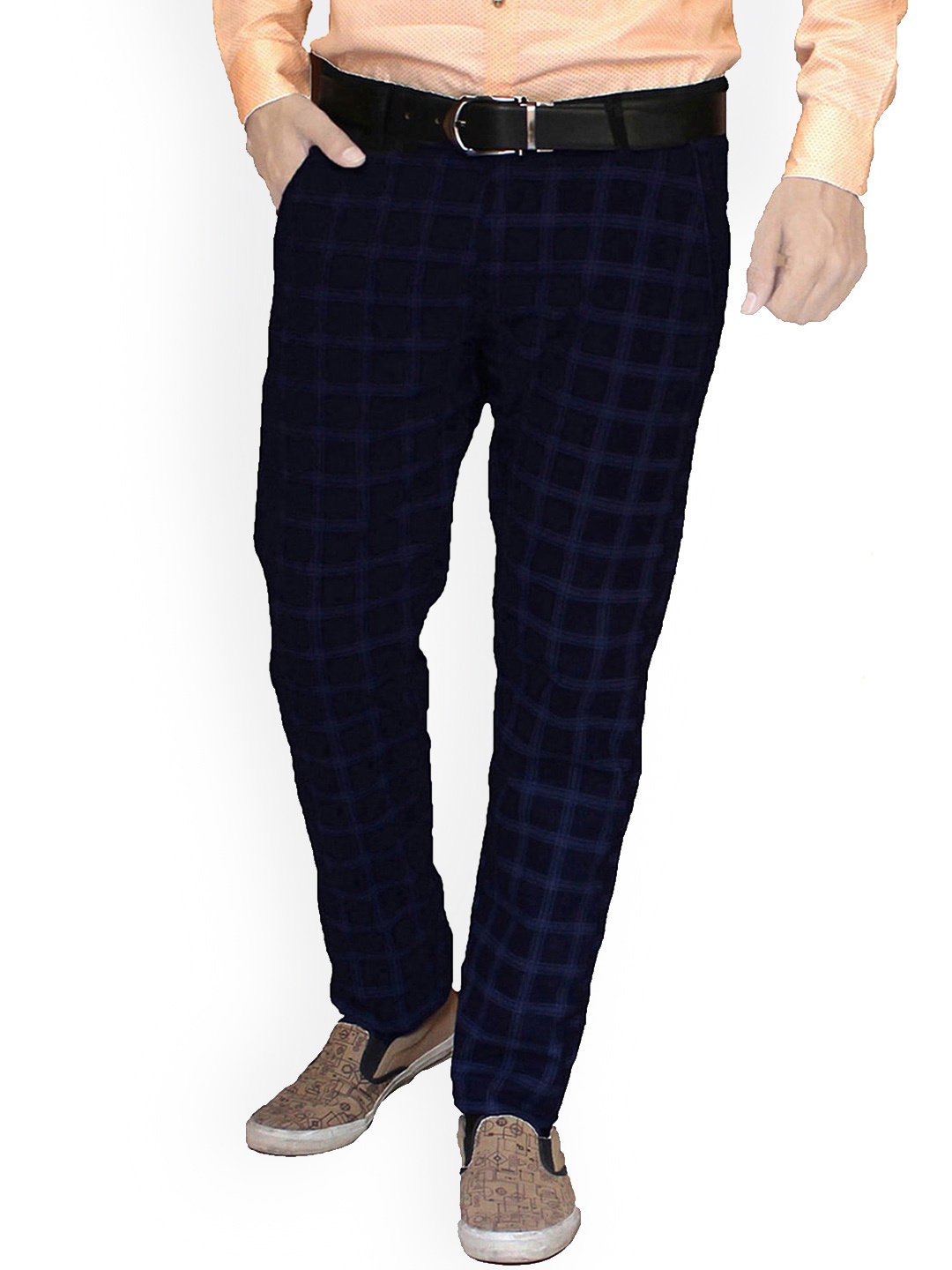 

FUBAR Men Checked Relaxed Slim Fit Easy Wash Cotton Trousers, Blue