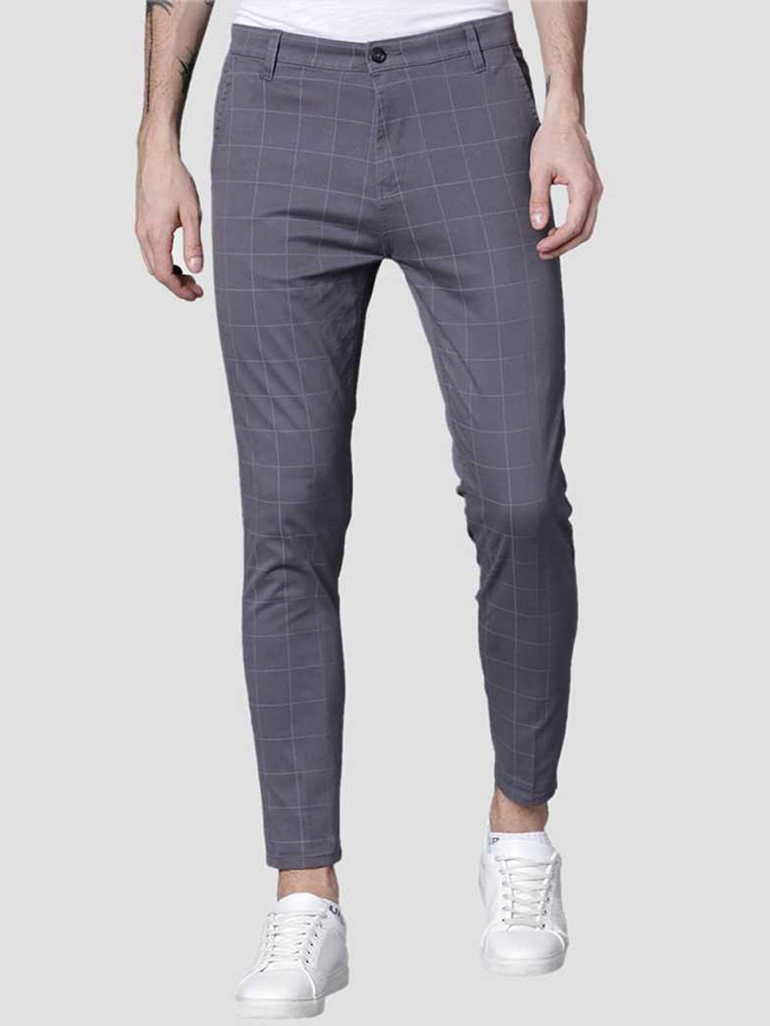 

FUBAR Men Checked Relaxed Slim Fit Easy Wash Trousers, Grey