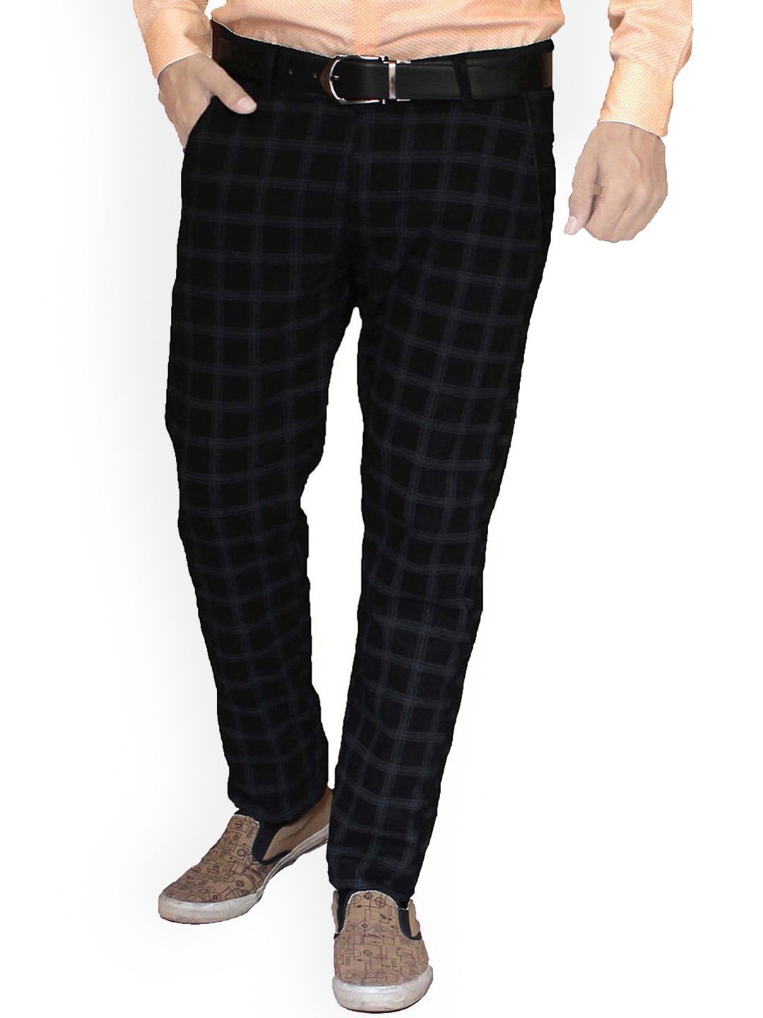 

FUBAR Men Checked Relaxed Slim Fit Mid Rise Easy Wash Cotton Trousers, Blue