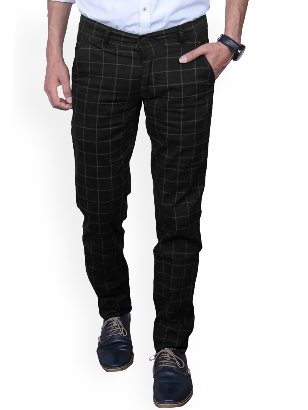 

FUBAR Men Relaxed Slim Fit Mid-Rise Checked Easy Wash Trousers, Black