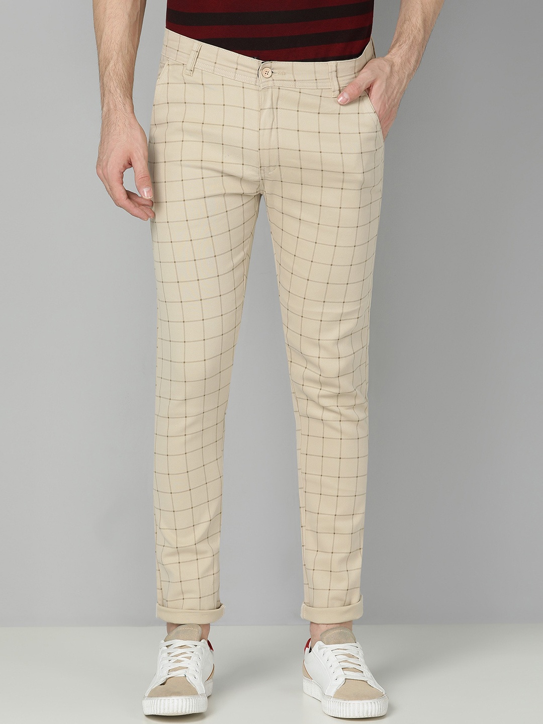 

FUBAR Checked Relaxed Slim Fit Easy Wash Trousers, Cream