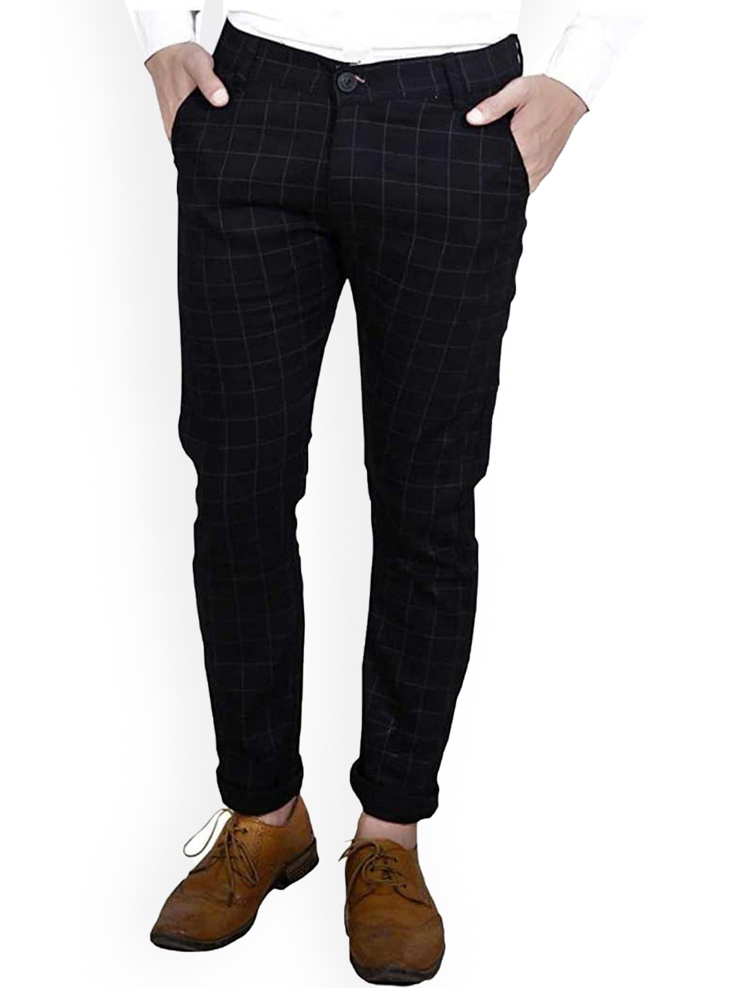 

FUBAR Men Checked Relaxed Slim Fit Easy Wash Cotton Chinos Trousers, Black
