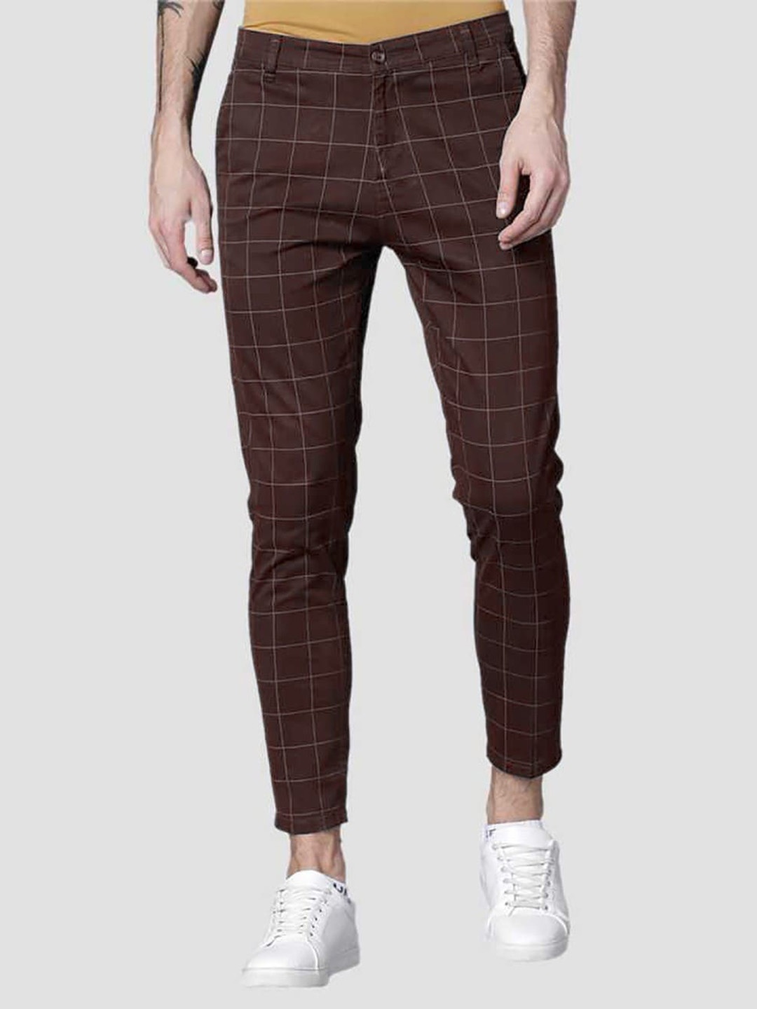 

FUBAR Men Relaxed Slim Fit Mid-Rise Checked Easy Wash Regular Trouser, Brown