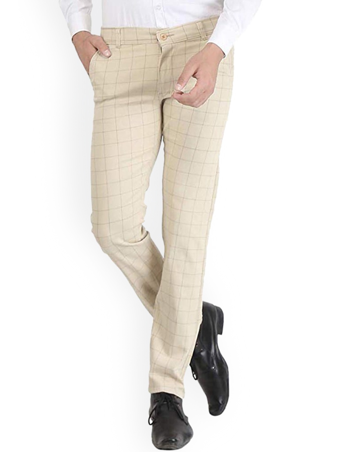 

FUBAR Men Relaxed Slim Fit Mid-Rise Checked Easy Wash Regular Trouser, Cream