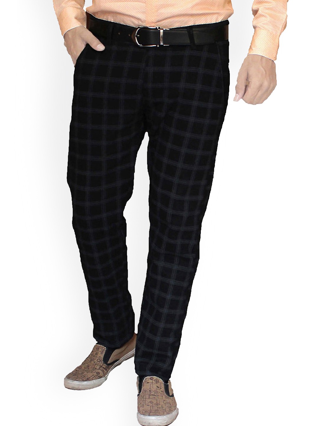 

FUBAR Men Checked Relaxed Slim Fit Easy Wash Trousers, Black