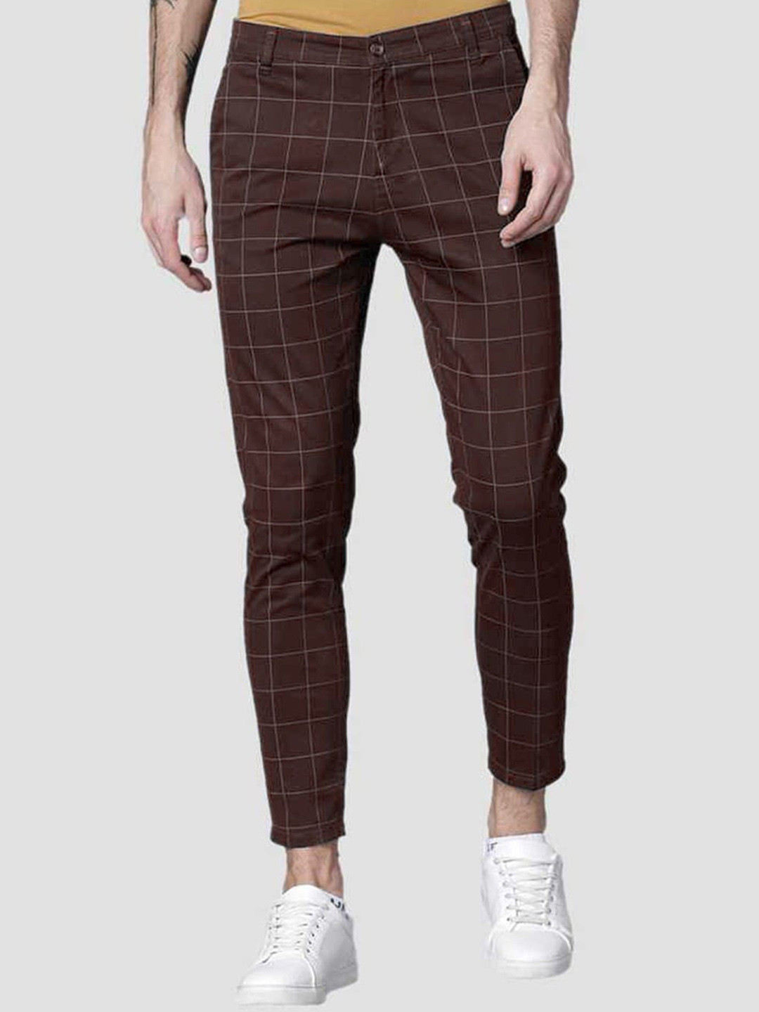 

FUBAR Men Checked Relaxed Slim Fit Easy Wash Cotton Trousers, Brown